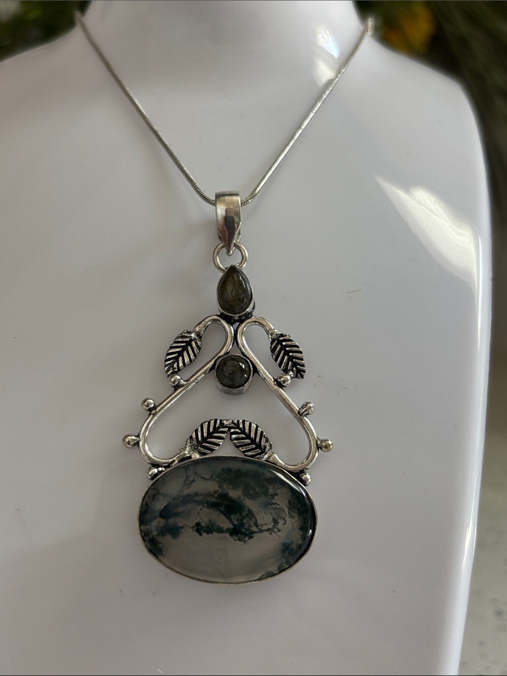 Sterling Silver Moss Agate & Labradorite Gemstone Pendant Necklace